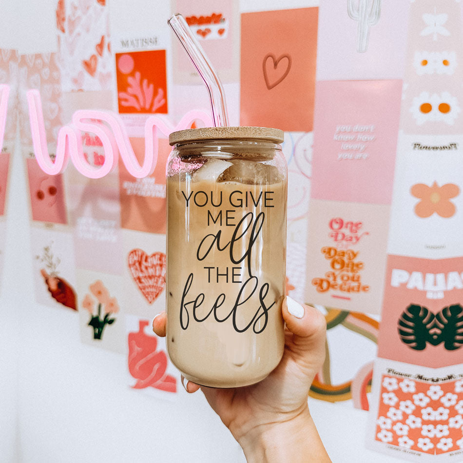 20oz "You Give Me All the Feels" glass cup with bamboo lid, Galentineās gift.
Valentineās Day gift, 20oz bamboo lid glass cup, "You Give Me All the Feels."